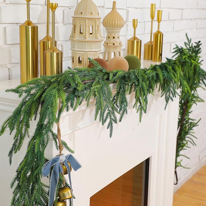Jutom Christmas Norfolk Pine Garland Realistic Artificial Faux Greenery Cedar Garland for Mantle Holiday Indoor Outdoor Fireplace Winter Christmas Decorations(2 Pcs,9 Feet)