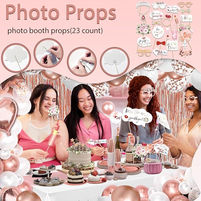274 Pcs Rose Gold Bridal Shower Decorations, Bachelorette Party Decorations Favors - "BRIDE TO BE" Banner, Veil, Balloon, Photo Props, Tableware with Rose Gold for 25 Guests
