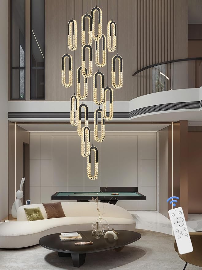 Large Staircase Crystal Chandeliers 16-Light Modern foyers Entrance 150" Long Chandeliers for High Ceilings Dimmable 2700K-6000K