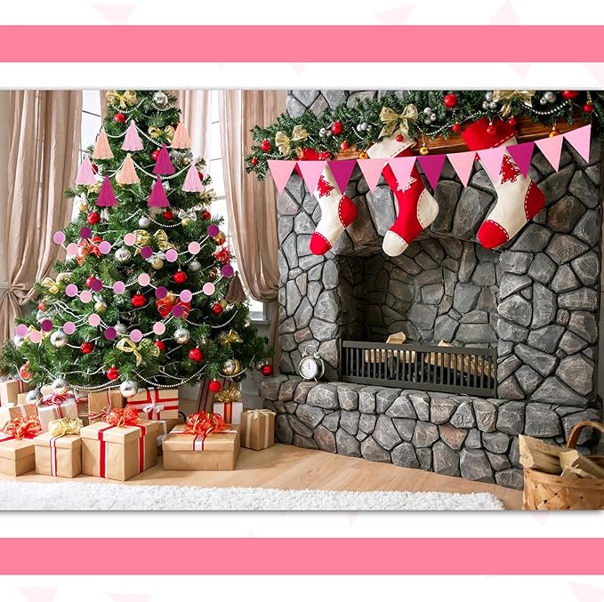 Irenare 9.8 ft Pom Pom Garland Felt Colorful Tassel Banner Christmas Party Pompoms Garland Decorations Felt Pennant Banner for Classroom Home Mantel Fireplace Birthday(Pink)