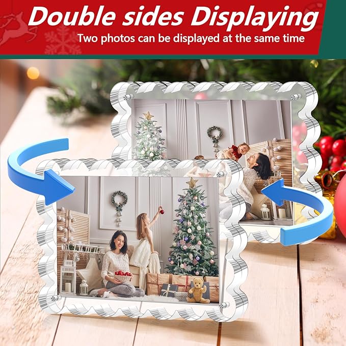 3 Pack Magnetic Acrylic Picture Frames 5x7 Inch - Freestanding Scalloped Magnet Photo Frame with 10+10MM Thick Block, Double Sided Clear Frameless Frame for Desktop Display