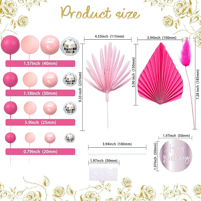 Ephlyn 33 Pack Balls Cake Toppers Boho Palm Leaves Cake Decorations Round Acrylic Happy Birthday Cupcake Toppers for Birthday Wedding Baby Shower Party Supplies Silver Rose Red