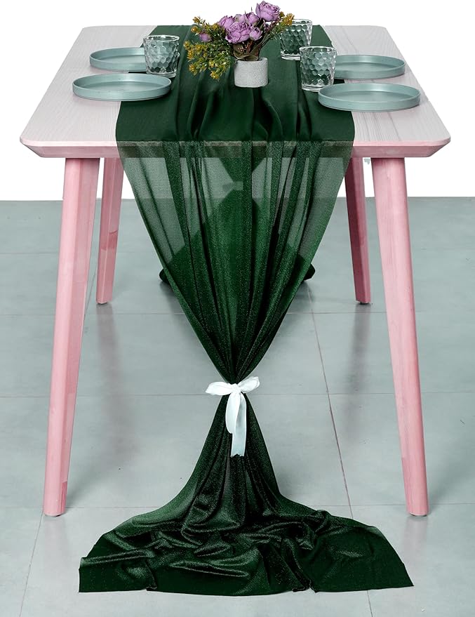 MDS 2 Pack 10ft Chiffon Table Runner 29 x 120 Inches Sheer Wedding Runner Romantic Rustic Table Runner for Wedding Decorations, Birthday Parties, Bridal Shower Party Arch Decor - Hunter Green