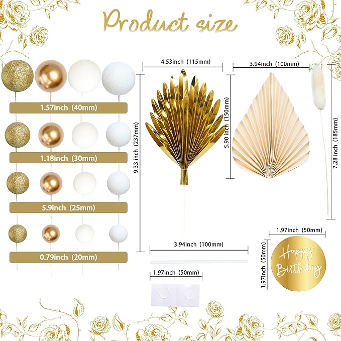 Ephlyn 33 Pack Balls Cake Toppers Boho Palm Leaves Cake Decorations Round Acrylic Happy Birthday Cupcake Toppers for Birthday Wedding Baby Shower Party Supplies Gold White