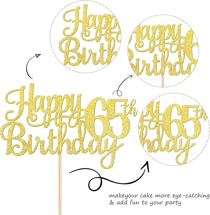 1 PCS Happy 65th Birthday Cake Topper Gold Glitter Cheers to 65 Years Birthday Cake Pick 65 Fabulous Cake Decoration for Happy 65th Birthday Theme Party Decorations Supplies