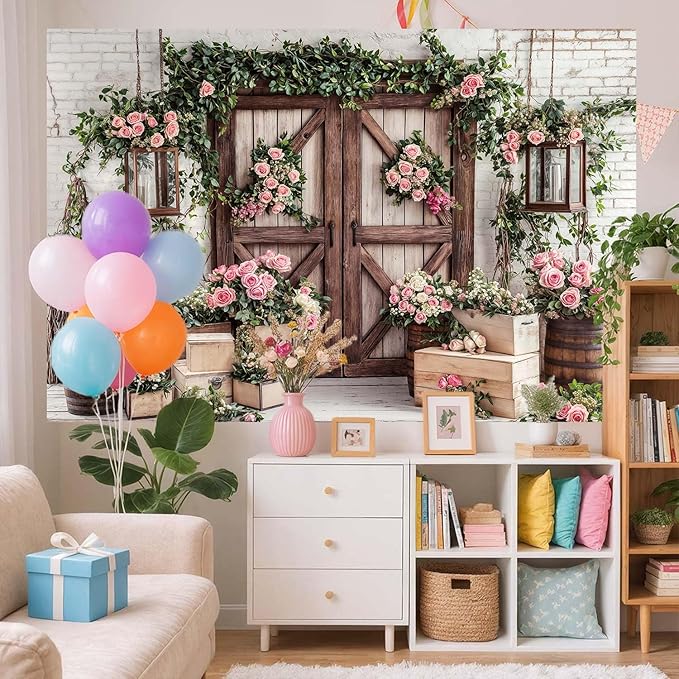 9x6ft Country Wedding Photography Backdrop Floral Rustic Roses Farmhouse Wooden Door Backdrop Pink Flower Birthday Baby Shower Wedding Bridal Party Banner Photo Booth Props Anniversary Background