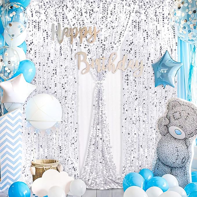 Silver Sequin Backdrop Curtains 2 Panels 4FTx8FT Big Payette Glitter Backdrop Baby Shower Photography Backdrop Background