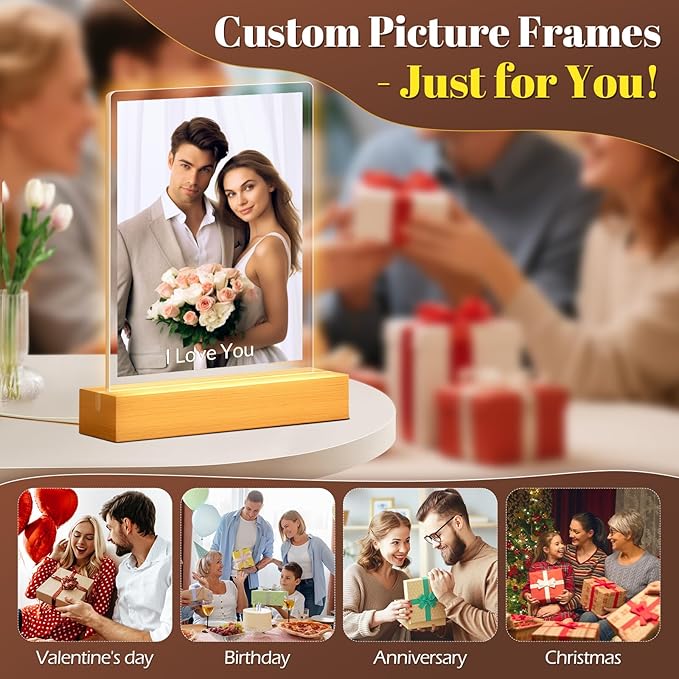 Custom Picture Frames with Photo, Personalized Photo Frame with Night Light, Customized Picture Frames, Personalized Anniversary Photo Gifts for Women, Men, Him, Her, Couple, Boyfriend, Girlfriend