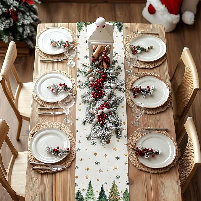 GEEORY Christmas Table Runner 13x36 Inch, Xmas Tees Snowflakes Holiday Decorative Farmhouse Table Decoration for Kitchen Dinning, Indoor Outdoor Dinner Party Decor (Light Green) GT166-36