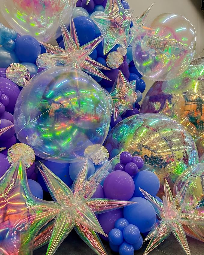 3pcs 26inch 3D iridescent Laser transparency(colorful) Explosion Star foil balloon, iridescent transparency Foil Cone Star burst Balloons for Birthday Wedding New Year Party Event