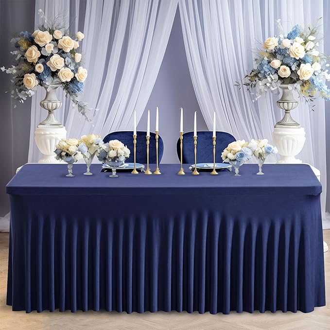 Wish Care 6 Pack Navy Blue Spandex Table Clothes for 8 Foot Rectangle Tables, 8FT Wrinkle Free Fitted Tablecloths Ruffles Design Table Cover for Party, Banquet, Wedding and Events