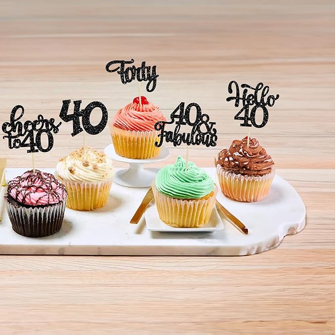 30pcs Happy 40th Birthday Cupcake Toppers - Black Glitter Forty Cheers to 40 Years Old Cupcake Picks for Anniversary Party Cake Decorations