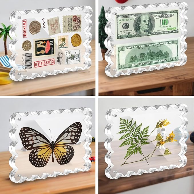 3 Pack Magnetic Acrylic Picture Frames 5x7 Inch - Freestanding Scalloped Magnet Photo Frame with 10+10MM Thick Block, Double Sided Clear Frameless Frame for Desktop Display