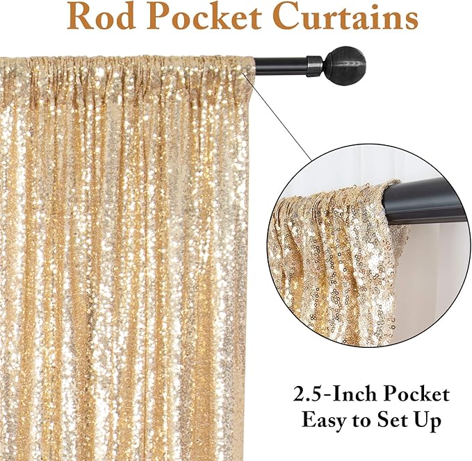 ShinyBeauty Sequin Backdrops 4 Panels Light Gold Sequin Curtains Photo Backdrop Shimmer Background for Baby Shower Champagne Golden Curtain Wedding Birthday Party Decor(2Ftx8Ft)