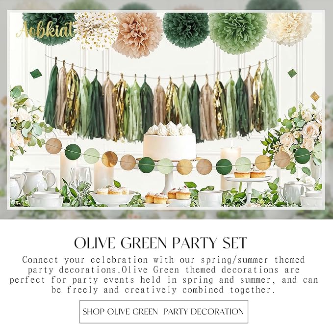 AOBKIAT Sage Green Wedding Party Decorations,28 PCS Tissue Paper Pom Poms,Circle Dots Garland Paper Tassels Hanging Backdrop for Girl Women Birthday,Bridal Baby Shower,Boho Wedding Party Supplies