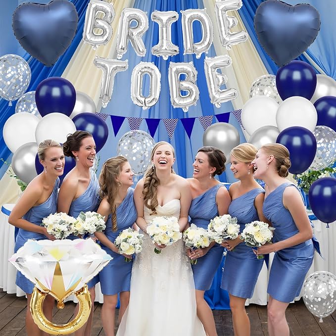 Blue Silver Bachelorette Party Decorations, Silver Bride To Be Bridal Shower Balloons Decoration, Navy Blue White Silver Balloon and Diamond Ring Blue Heart Balloon for Bachelorette Engagement Wedding