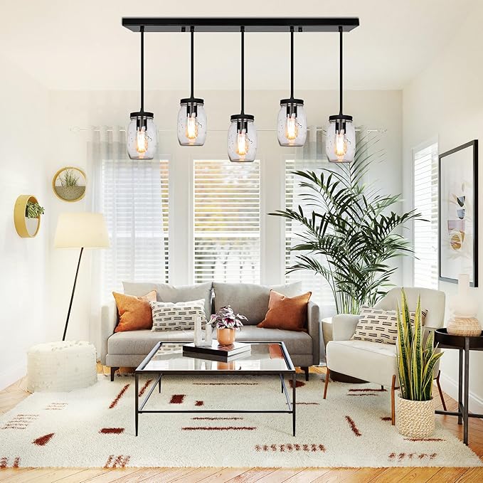 Glass Mason Jar Light Fixtures, 5-Light Adjustable Height Pendant Ceiling Lights Flush Mount - Black Country Farmhouse Lights for Kitchen Dining Room Foyer Stairway Hallway Entryway Porch