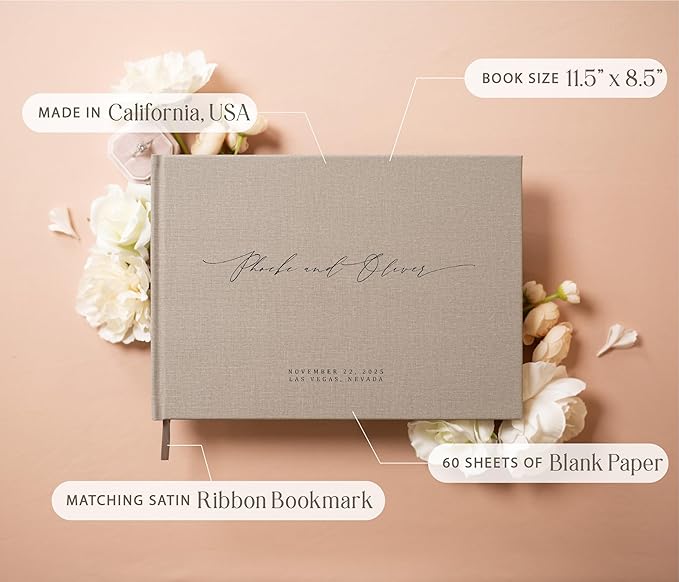 MUUJEE Personalized Guestbook in Gray - Premium Custom Modern Guest Book for Wedding Reception, Birthday Party or Events w/Bookmark Blank Pages for Signing 11.5 x 8.5 inches