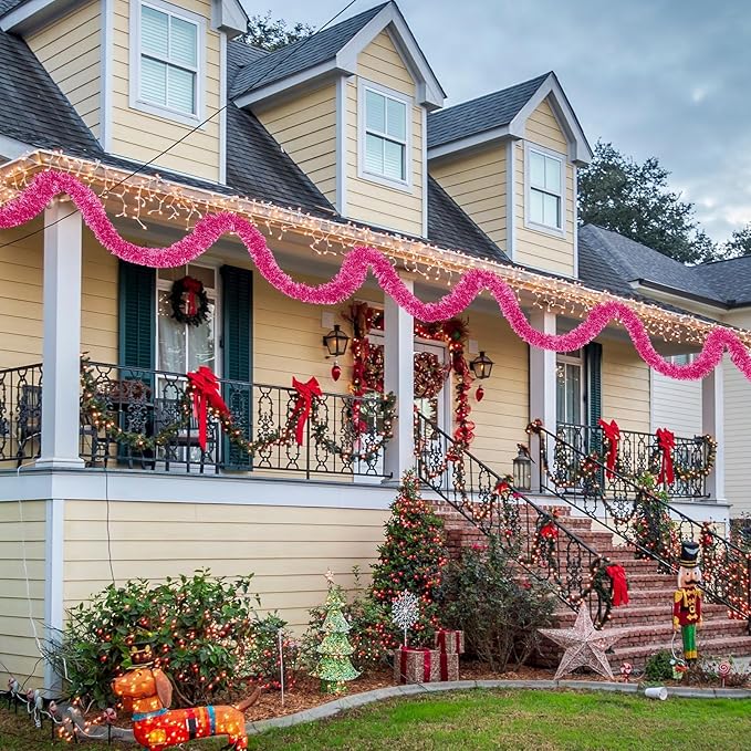 25 Feet Metallic Twist Tinsel Garland - Wall Hanging Backdrop for Holidays (Pink, 4in x 25ft)