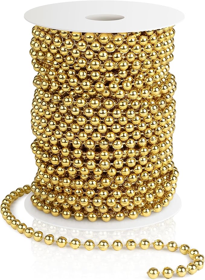 Pearl Beads Garland, 6 MM Gold Faux String of Pearls, Pearl Garland for Christmas Tree 82FT Pearl Beads Strand Spool Bead Roll for Crafts Floral Centerpieces Wedding Party Christmas Tree Decorations