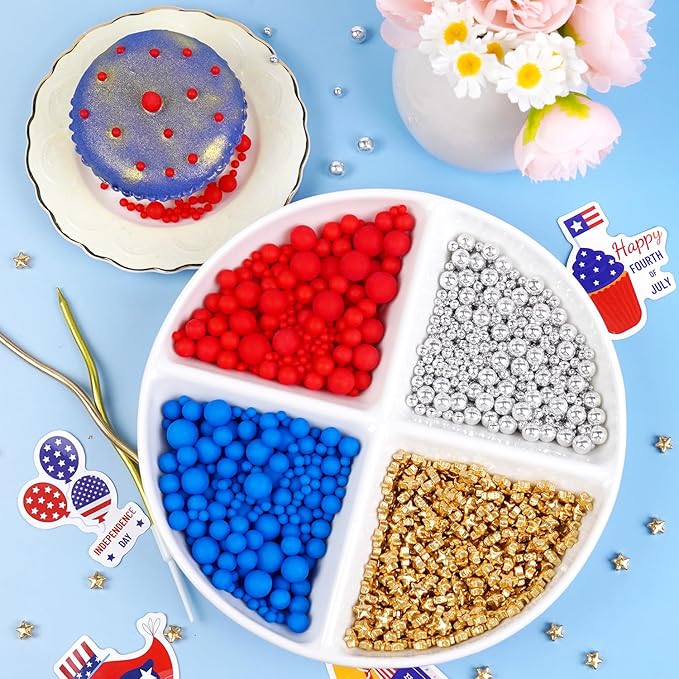 Dazzjoy 4th of July, Patriotic Sprinkles, Red Blue Silver Gold Sprinkles, Food Grade, Edible Pearls for Cake Decorating, 150g/5.29oz, Cake Decoration & Cupcake Topper