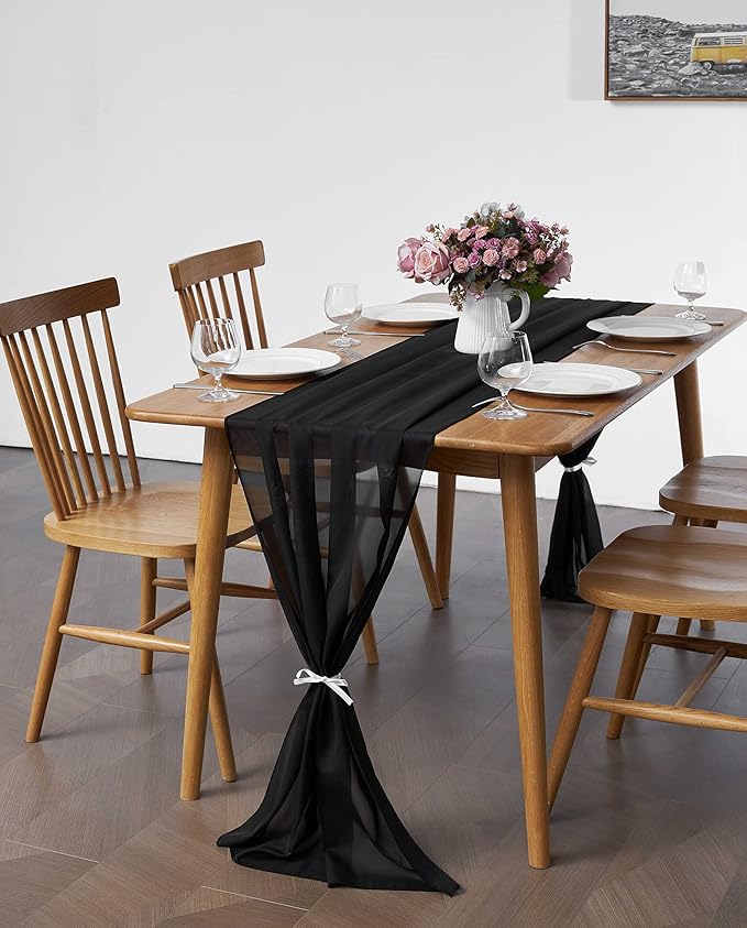 5 Pack 10Ft Black Chiffon Table Runner Sheer 29x120 Inch for Romantic Wedding Decor Bridal & Baby Shower Birthday Rustic Party Decoration
