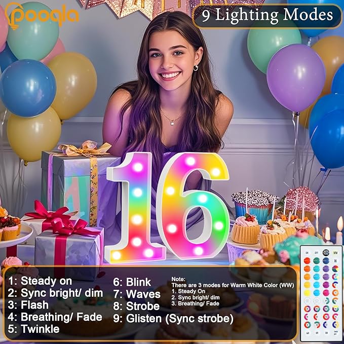 Pooqla 16th Birthday Decorations for Girls Boys, 35 Colors LED Light Up Numbers with Remote, Color Chaning Marquee Numbers Gift for Sweet 16 Party Decoration Wedding Anniversary Decor, Number 16