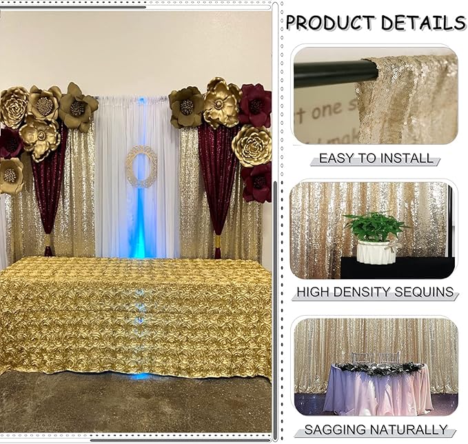 Champagne Backdrop Curtain 2FTx8FT 4 Panels Sequin Backdrop Curtain Glitter Backdrop Photo Background for Wedding Baby Shower Parties