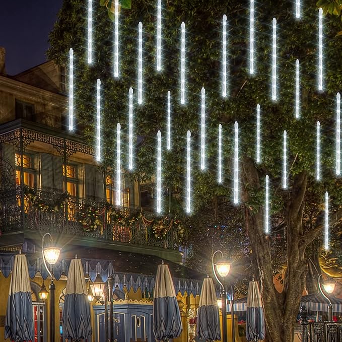 Dazzle Bright Christmas Lights Outdoor, 288LED Meteor Shower Rain Lights 12 Inch 8 Tubes, Waterproof Plug in Falling Icicle Light Christmas Decorations for Xmas Tree Yard House Decor (White)