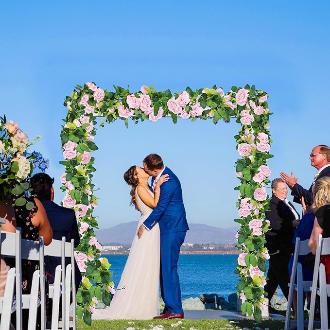 Sggvecsy 4Pcs 31Ft Artificial Rose Vine Fake Flower Garland Floral Garland Faux Silk Hanging Vine Rose Ivy Vines for Wedding Arch Party Wall Garden Ceremony Background Outdoor Decor (Pink)