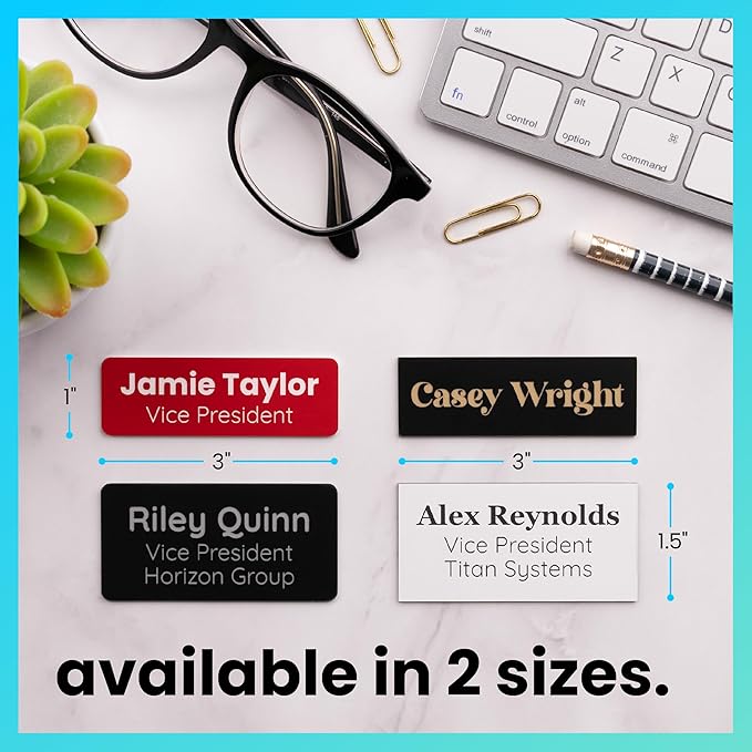 ExcelMark Custom Name Tag - Engraved Name Badge with Pin or Magnetic Backing, 16 Colors, 6 Fonts, and 2 Sizes to Choose from (White w/Red Letters, 1"x 3")