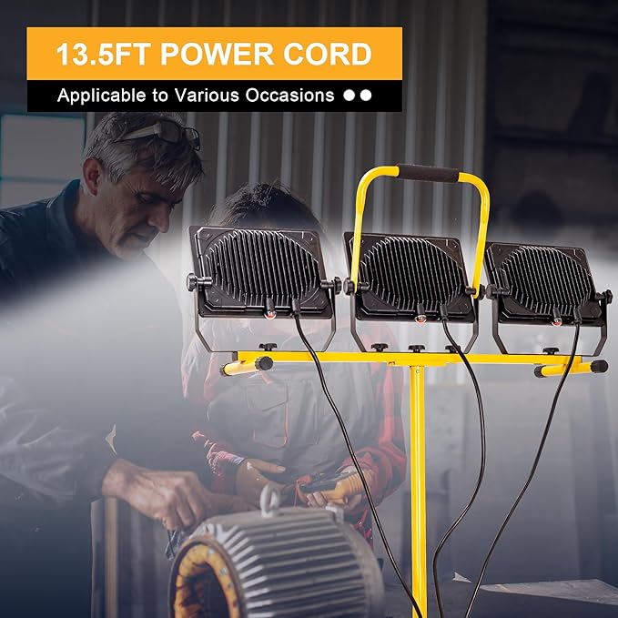 LED Worklights 60000Lumen, 3 Head 600W Work Light, Portable, with Stand, with 13.5FT Cord, IP66 Waterproof, Tripod, for Outdoor Indoor, Construction Site