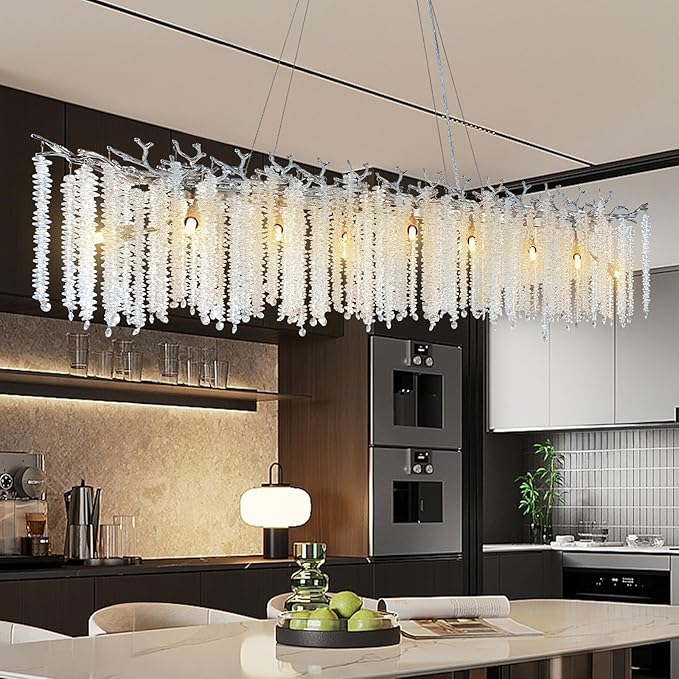 YUYI Modern Crystal Chandelier, 60" Silver Tree Branch Chandelier for Dining Room, Large Rectangular, Luxury High Ceiling Light Fixture for Living Room, Kitchen, Foyer