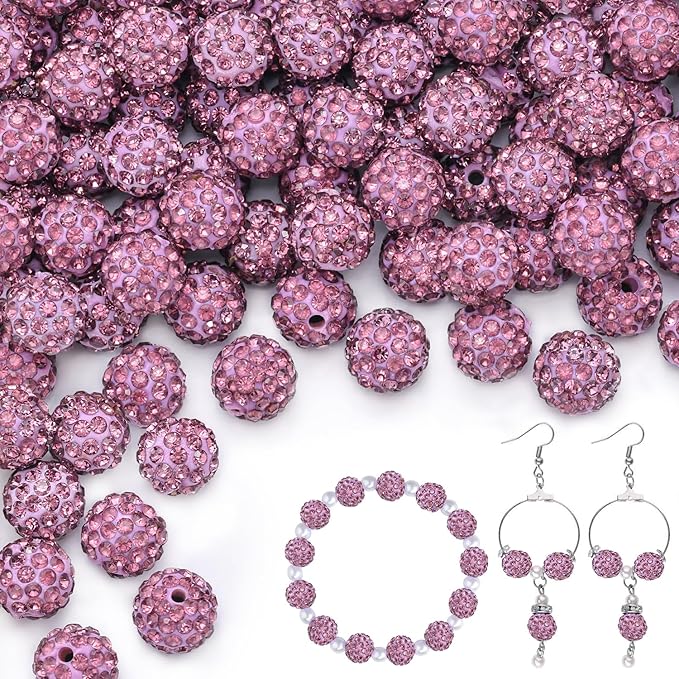 150pcs 10mm Rhinestone Beads for Jewelry Making, Light Purple Shiny Round Shamballa Disco Beads Bulk, Sparkle Crystal Clay Christmas for Bracelet Baseball Necklace Earring Crafting and DIY