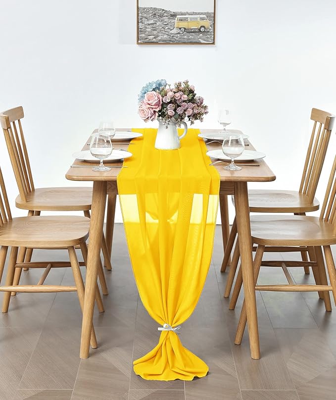 5 Pack 10Ft Chiffon Yellow Table Runner Sheer 29x120 Inch for Romantic Wedding Decor Bridal & Baby Shower Birthday Rustic Party Decoration