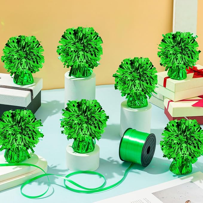 24 PCS Balloon Weights Metallic Anchor, Balloon Holder Heavy Weights with 1 Roll Green Crimped Ribbon for Balloons Table Party Favor Birthday Decor(Green)