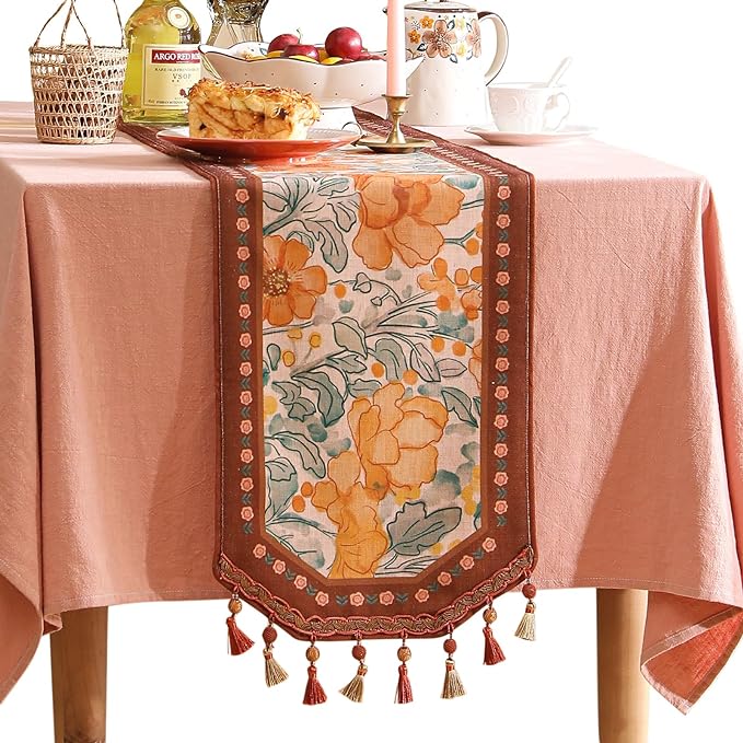 Designer Vintage Floral Printed Table Runner,French Soft Linen Farmhouse Table Runners 87 Inches Long,Italian Decor Tabletop for Kitchen,Dining,Party,Home,Christmas,12"*87"