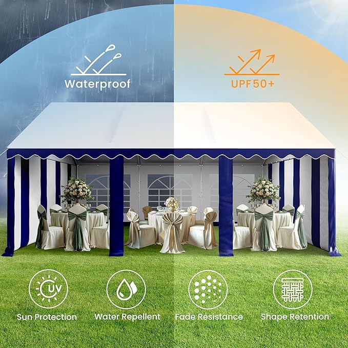 PHI VILLA 20'x16' Outdoor Heavy Duty Party Tent Large Commercial Canopy Wedding Event Shelter with Removable Sidewalls & 3 Storage Bags for Patio Outdoor Garden Events, Blue