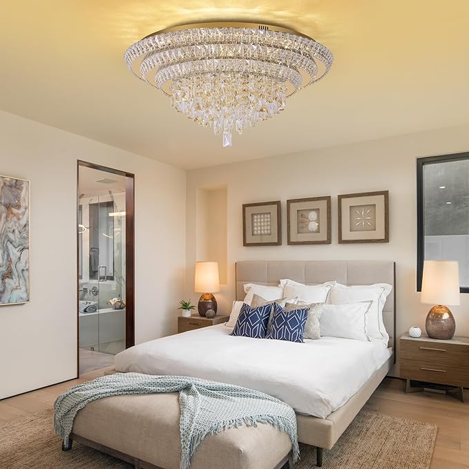 30 inch Crystal Gold Ceiling-Light Flush Mount with Remote Control and APP, 3CCT Dimmable & Brightness Adjustable, Modern Crystal Raindrop Chandeliers for Bedroom Hallway Dinning Room Living Room