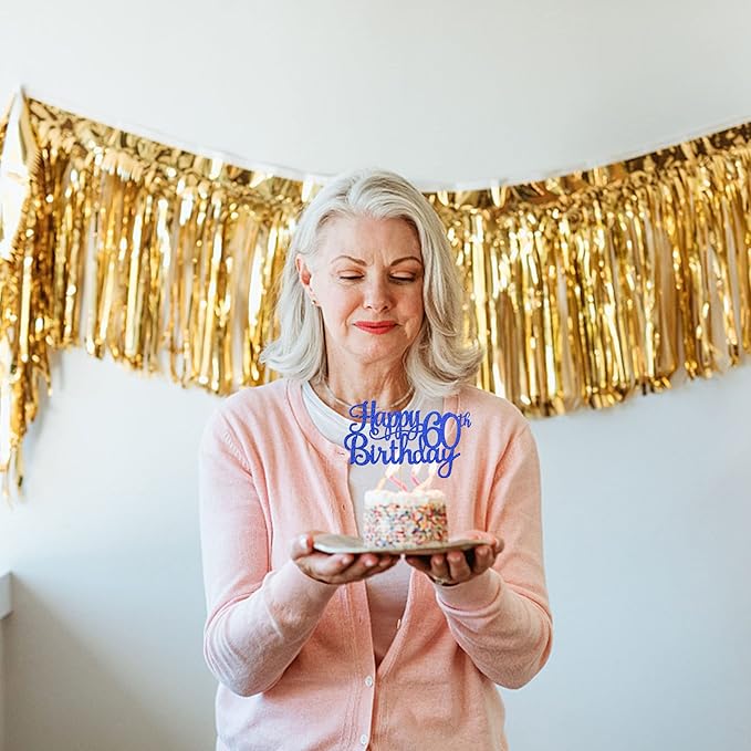 1 PCS Happy 60th Birthday Cake Topper Glitter Cheers to 60 Years Birthday Cake Pick 60 Fabulous Cake Decoration for Happy 60th Birthday Anniversary Party Decorations Supplies Blue