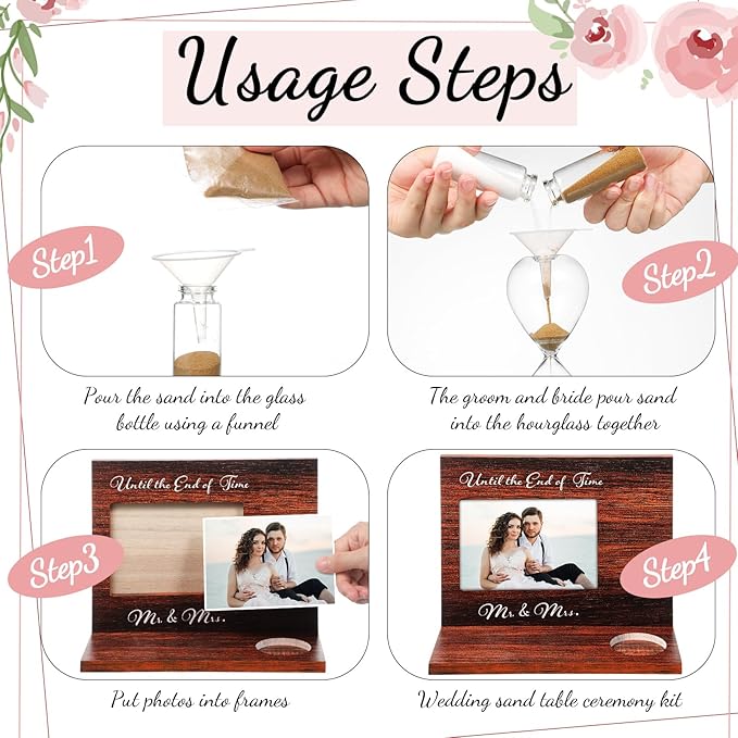 Blosssound Wedding Sand Ceremony Set Wooden Photo Frame, Hourglass Funnel, Sand, Glass Bottles, Mr and Mrs Until The End of Time Unity Kit for Weddings Ceremony Party Supplies(Walnut)