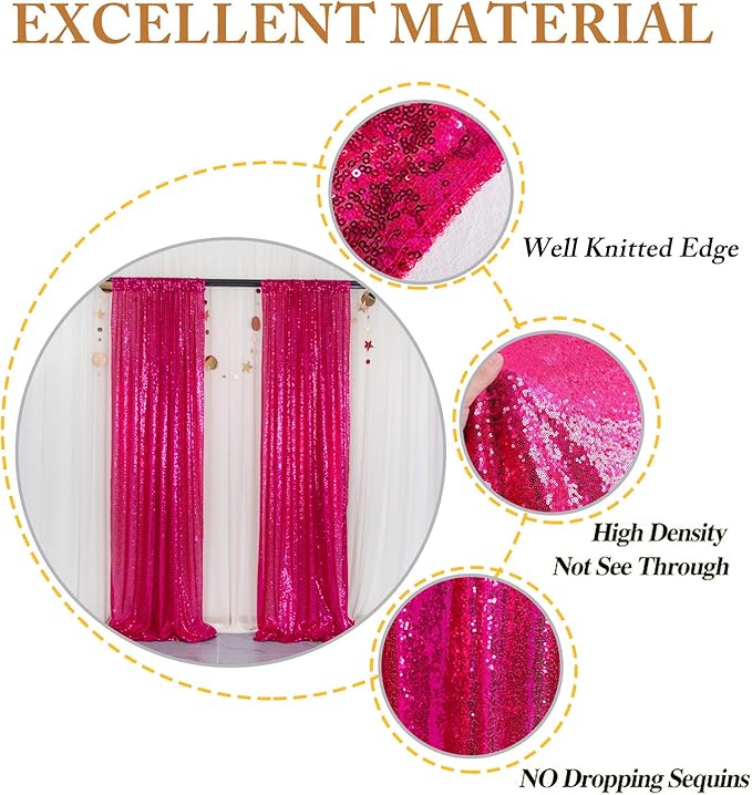 ShinyBeauty Sequin Curtains Hot Pink 2FTx8FT 4 Panels Sequin Photo Backdrop Shimmer Backdrop Fuchsia Glitter Curtains for Shower Sequins Backdrop Background