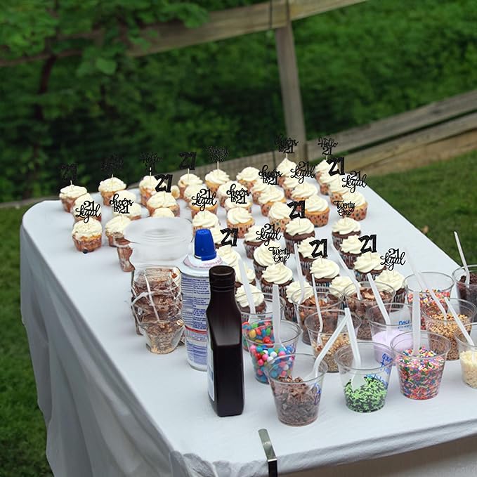 30pcs 21st Birthday Cupcake Toppers - Legal 21st Cupcake Picks - Cheers to 21 Years Old Cake Decorations - Black Glitter