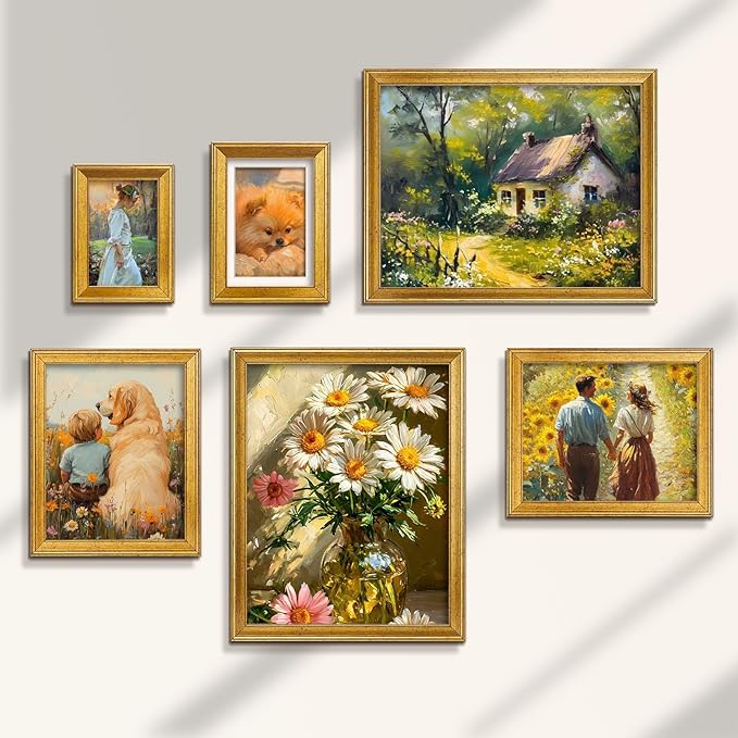 TWING 5x7 Gold Picture Frames Set of 6,Rustic Gold Frames Display Pictures 4x6 with Mat or 5x7 Without Mat,Tabletop Display and Wall Mounting Home Collage Photo Frame,Set for Wall Gallery
