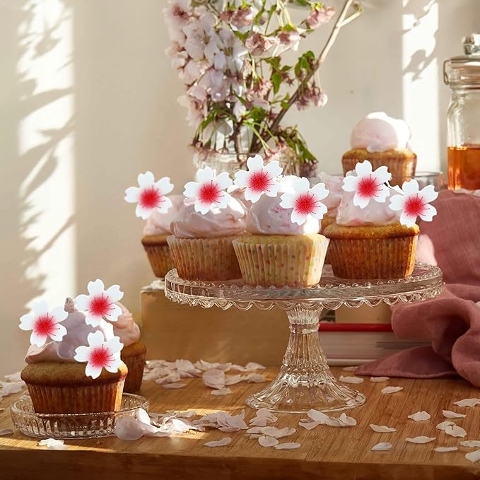 Ephlyn 100Pcs Edible Cherry Blossom Cupcake Toppers Edible Wafer Paper Flowers for Spring Bridal Engagement Baby Shower Birthday Party Cupcake Picks Anniversary Party Decorations Supplies
