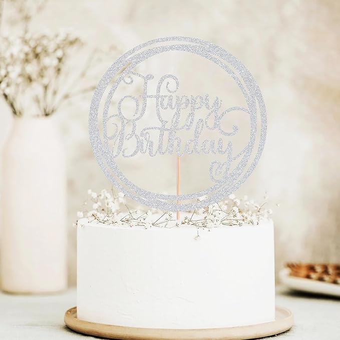 Happy Birthday Cake Topper - Silver Glitter Happy Birthday Cake Decoration Supplies for Children or Adults - Happy Birthday Cake Bunting Decor, Photo Booth Props