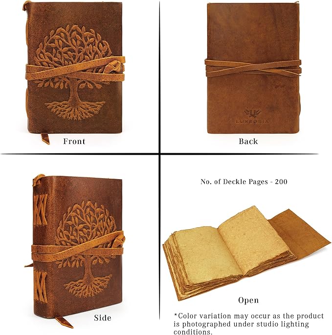 LUXEORIA Tree Of Life Leather Journal for Women and Men, Handcrafted Leather Journal for Writing Womens, Sketchbook, Travel Diary with Unlined Deckle Paper, Tan 6x8