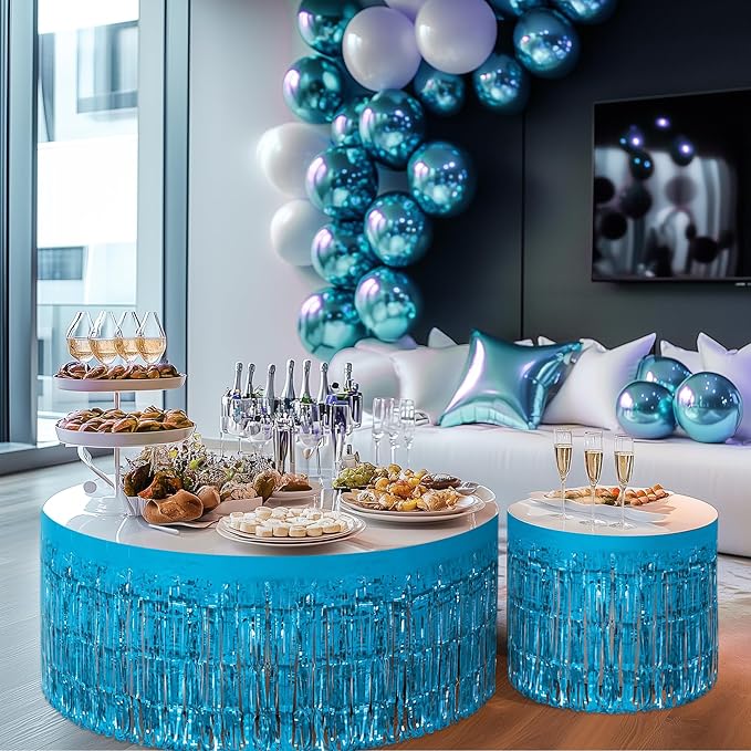 1 Pack Lake Blue Table Skirts, 29x108" Metallic Foil Tinsel Fringe Table Skirts for Rectangle Tables Streamer Curtains Backdrop, Party Decorations for Birthdays Weddings Holidays