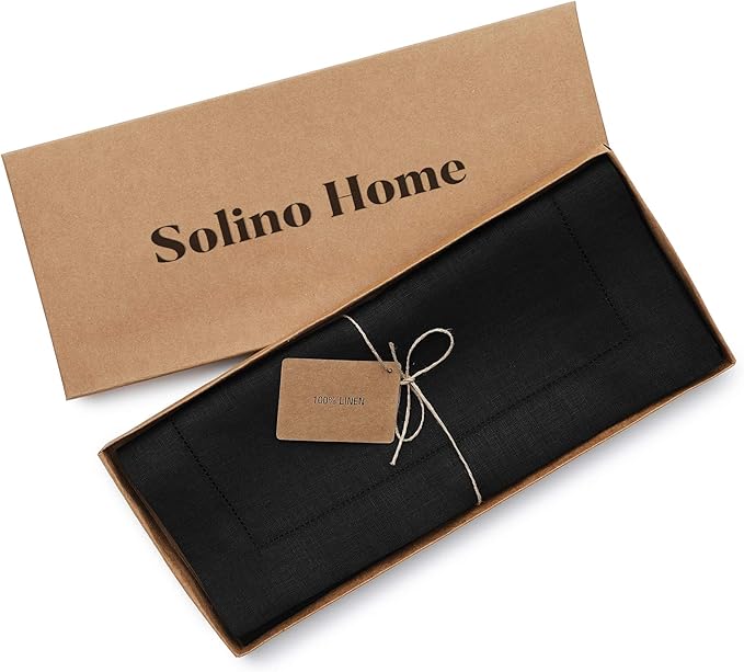 Solino Home Linen Black Table Runner 108 Inches Long - 100% Pure Linen 14 x 108 Inch Table Runner for Fall, Autumn, Halloween, Thanksgiving - Classic Hemstitch