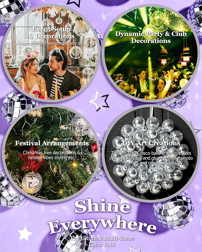 54PCS Mirror Disco Balls Set with 10m Fishing Line – Assorted Sizes Hanging Mini Silver Balls for Party, Wedding, Cake Toppers, Room & Classroom Decor